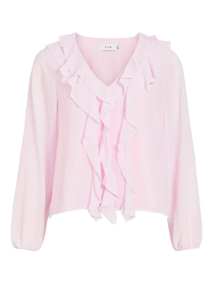 Vila VIANE L/S V-NECK FRILL TOP - licht roze damesblouse