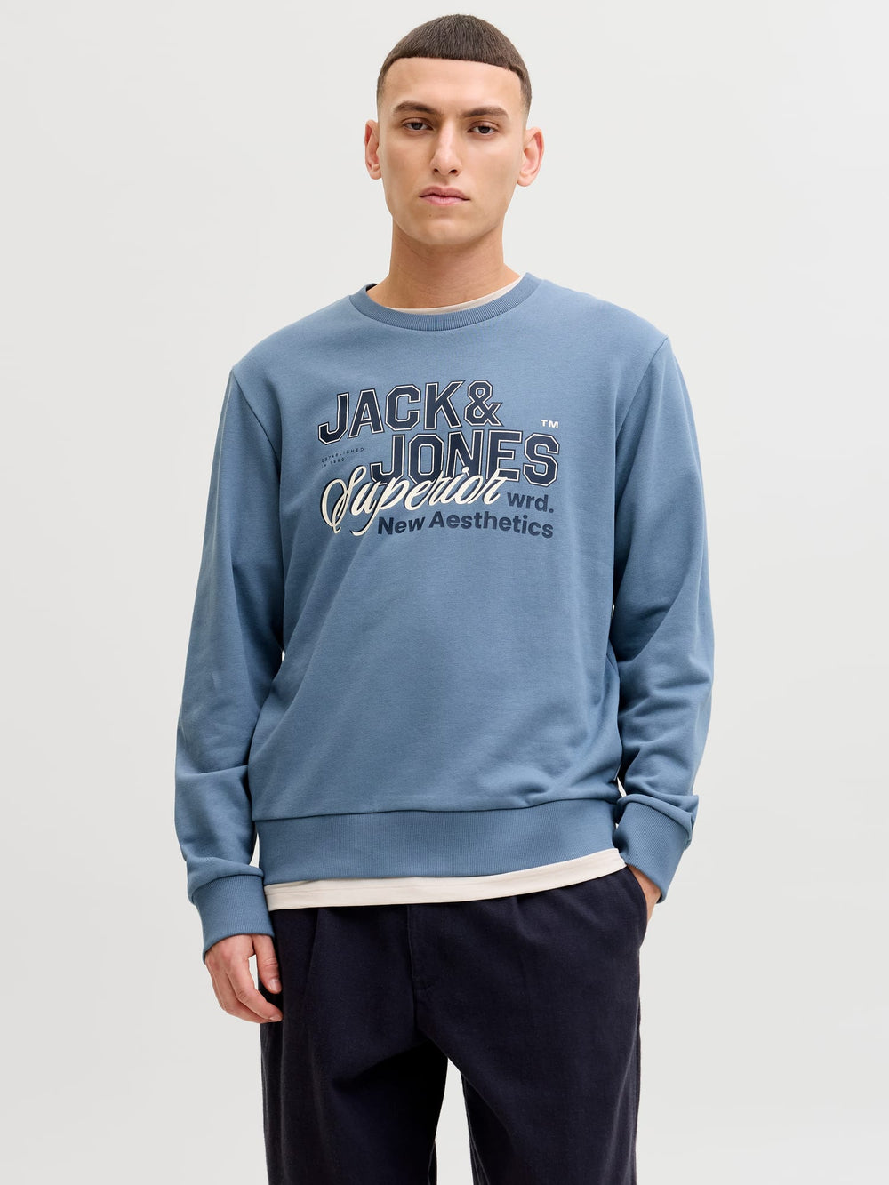 Jack & Jones sweater heren blauw melee – JJELOGO SWEAT CREW NECK