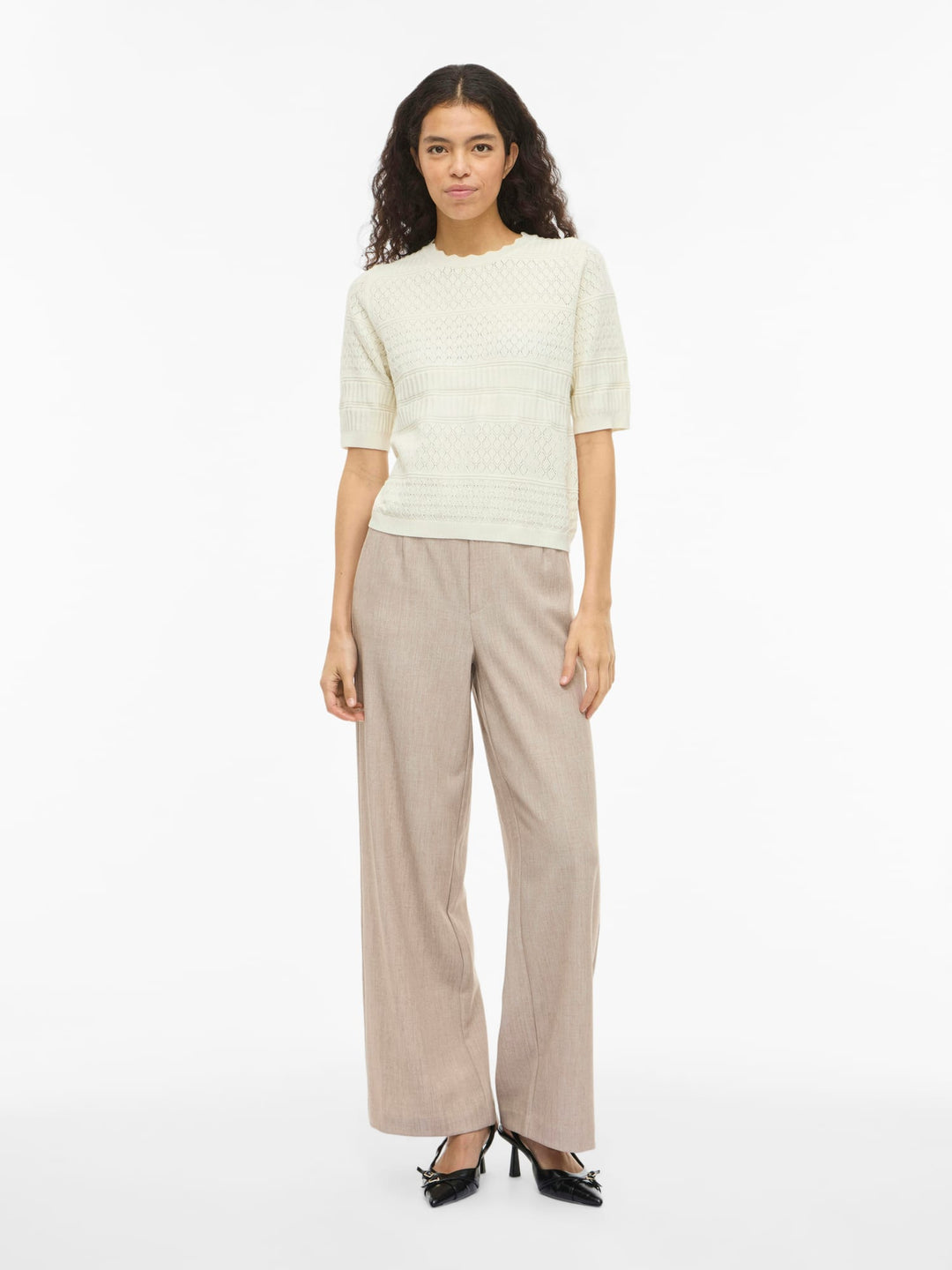 Vila VIMILOS S/S O-NECK POINTELLE TOP - dames top - Off-white