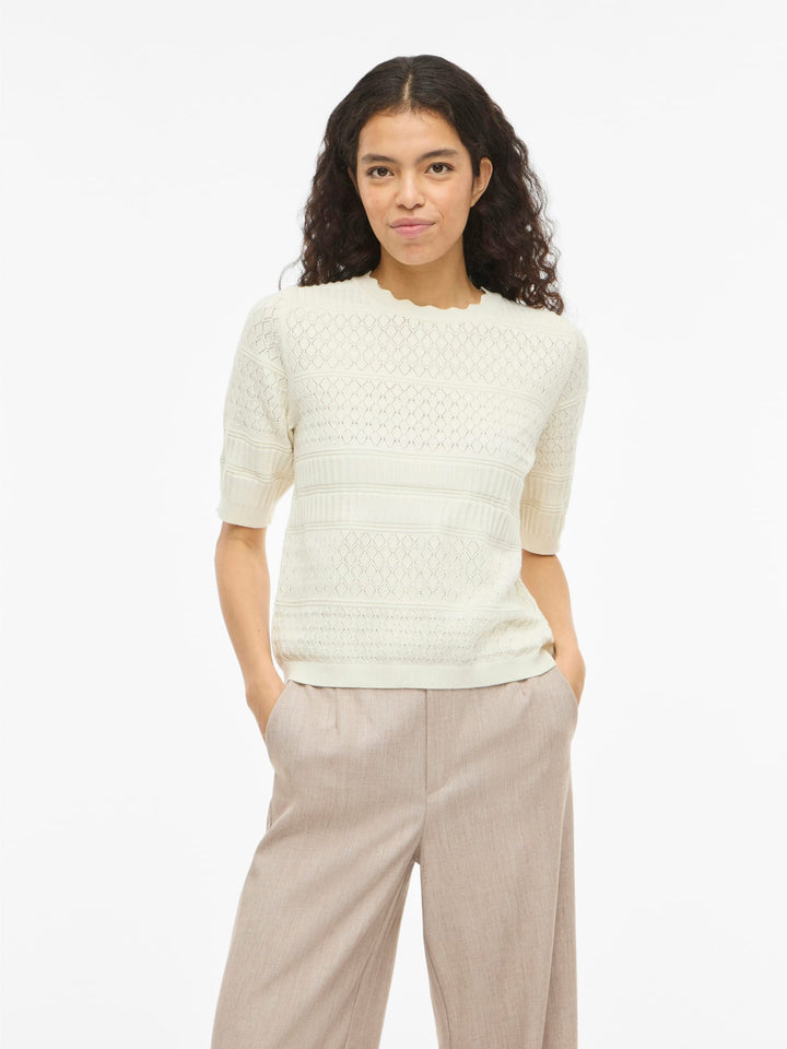 Vila VIMILOS S/S O-NECK POINTELLE TOP - dames top - Off-white