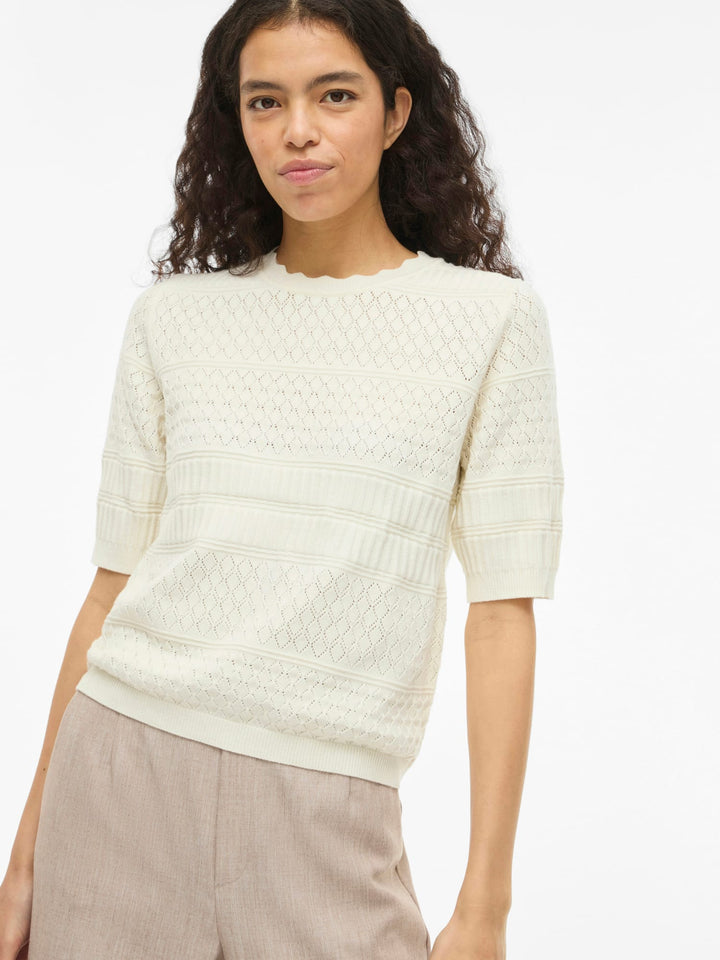 Vila VIMILOS S/S O-NECK POINTELLE TOP - dames top - Off-white