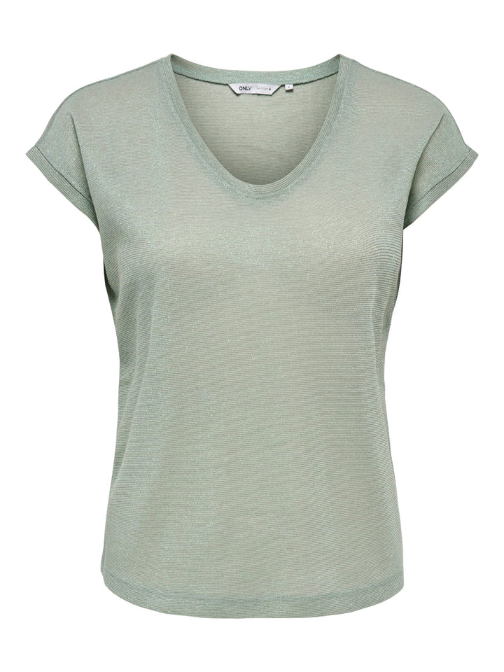 Only ONLSILVERY S/S V NECK LUREX TOP – dames t-shirt - Olijf