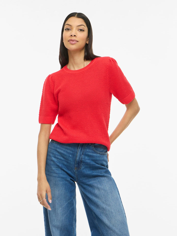 Vila VIDALO O-NECK S/S KNIT TOP - dames top in rood