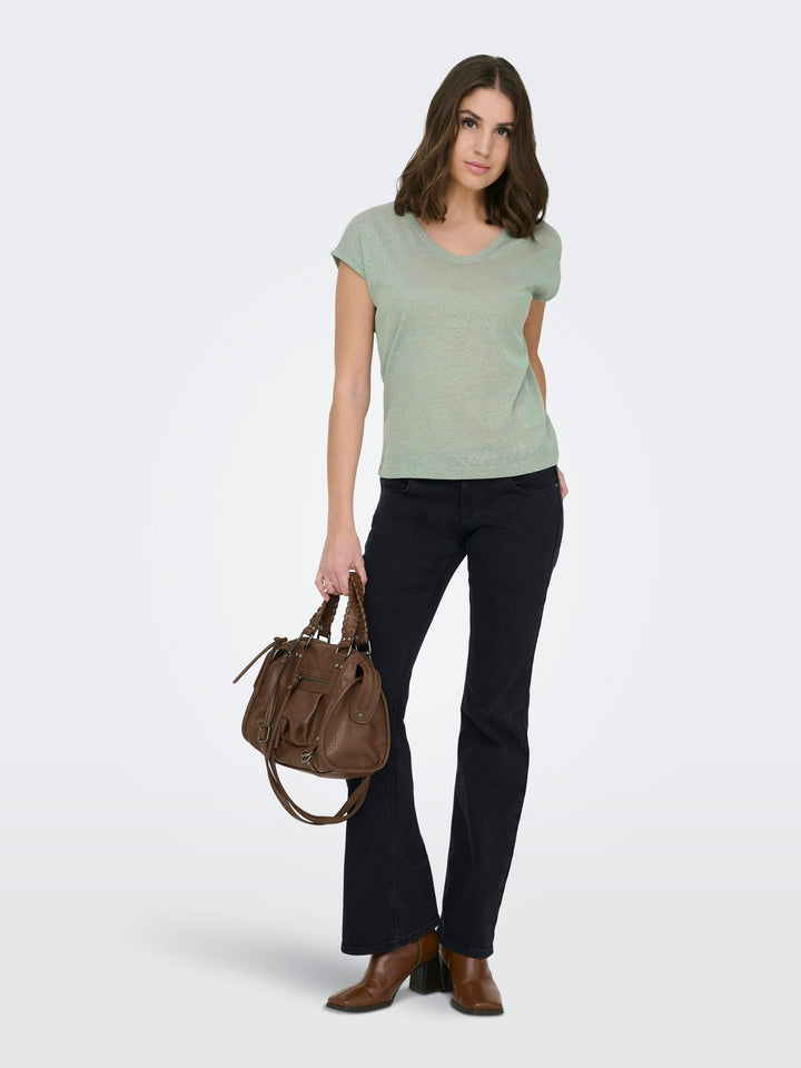 Only ONLSILVERY S/S V NECK LUREX TOP – dames t-shirt - Olijf