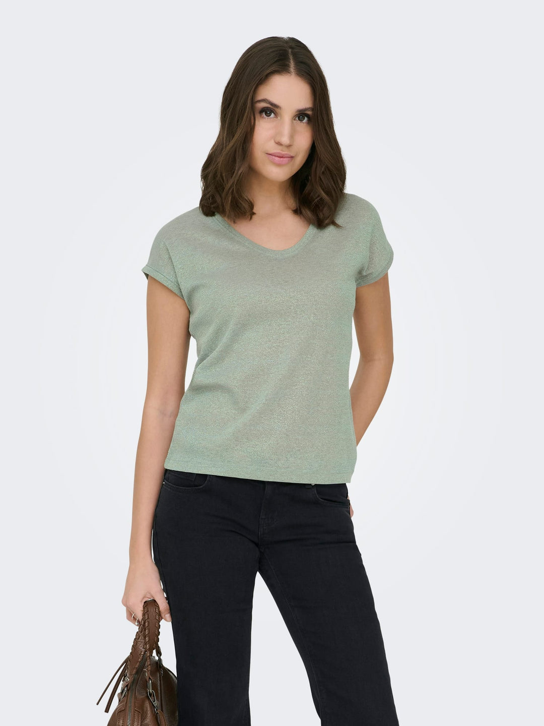 Only ONLSILVERY S/S V NECK LUREX TOP – dames t-shirt - Olijf