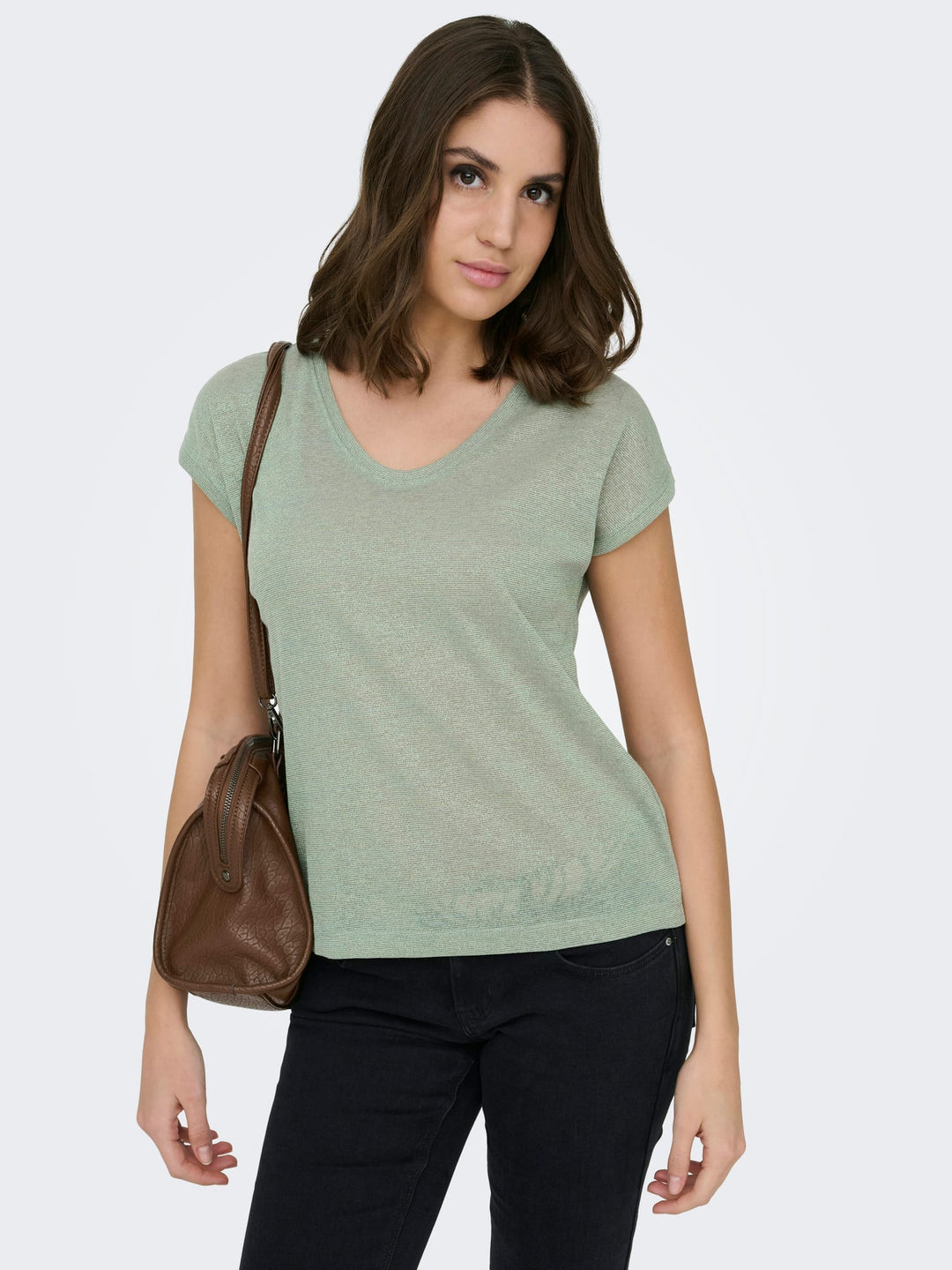 Only ONLSILVERY S/S V NECK LUREX TOP – dames t-shirt - Olijf
