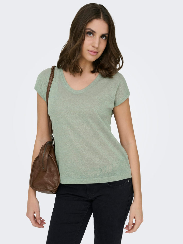 Only ONLSILVERY S/S V NECK LUREX TOP – dames t-shirt - Olijf