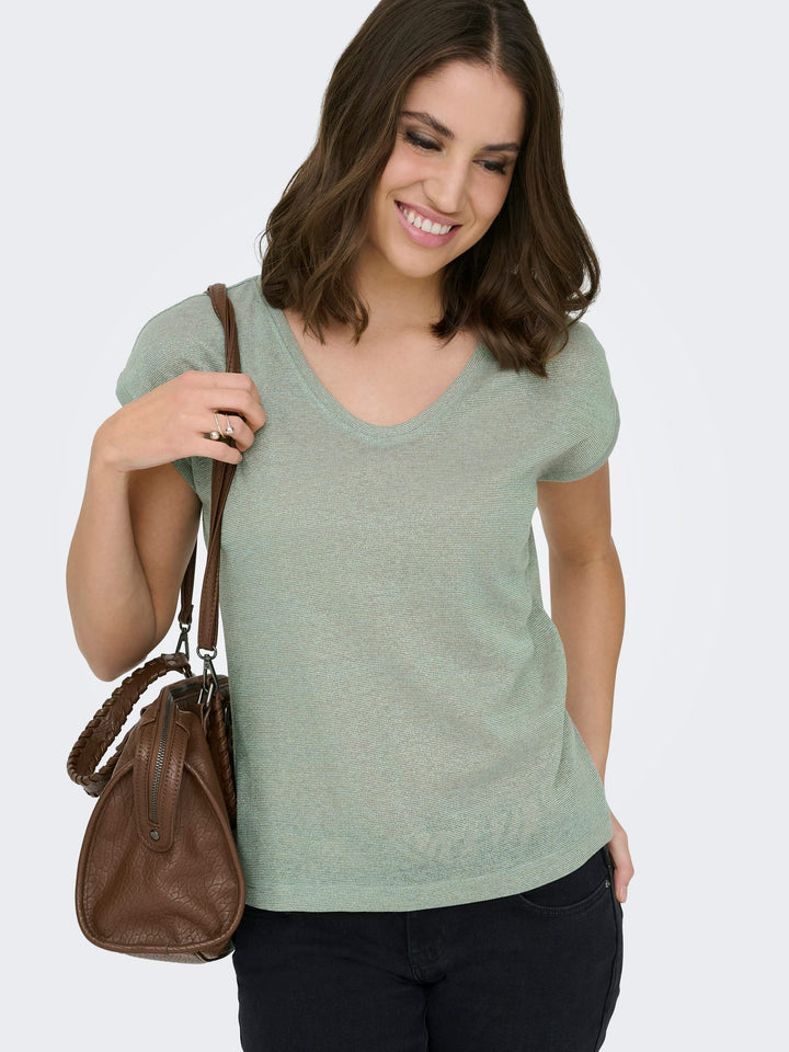 Only ONLSILVERY S/S V NECK LUREX TOP – dames t-shirt - Olijf