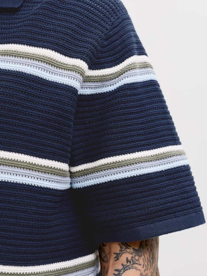 Jack & Jones JORMAINE KNIT STRIPE POLO SN – heren polo - Blauw Dessin