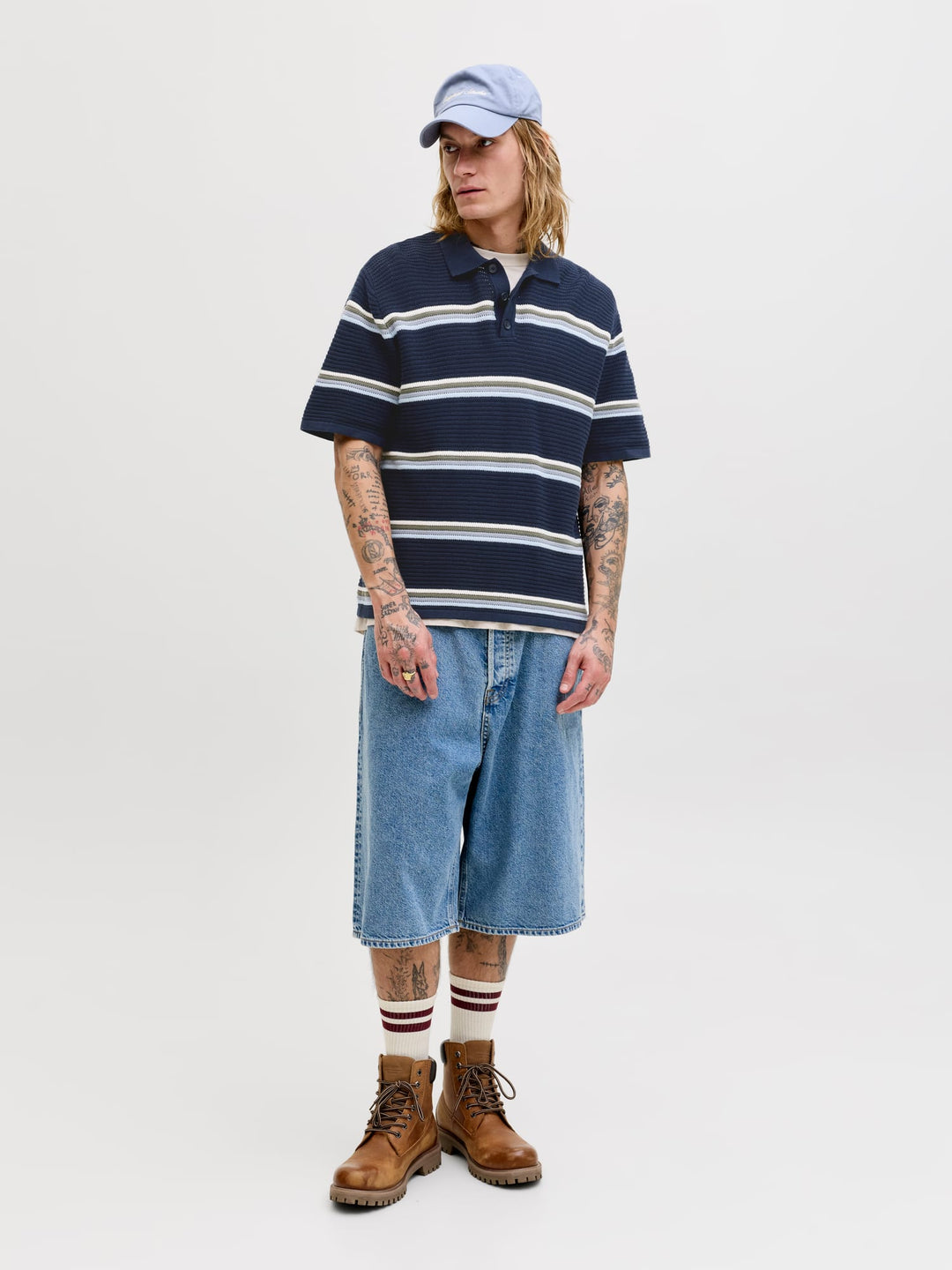 Jack & Jones JORMAINE KNIT STRIPE POLO SN – heren polo - Blauw Dessin