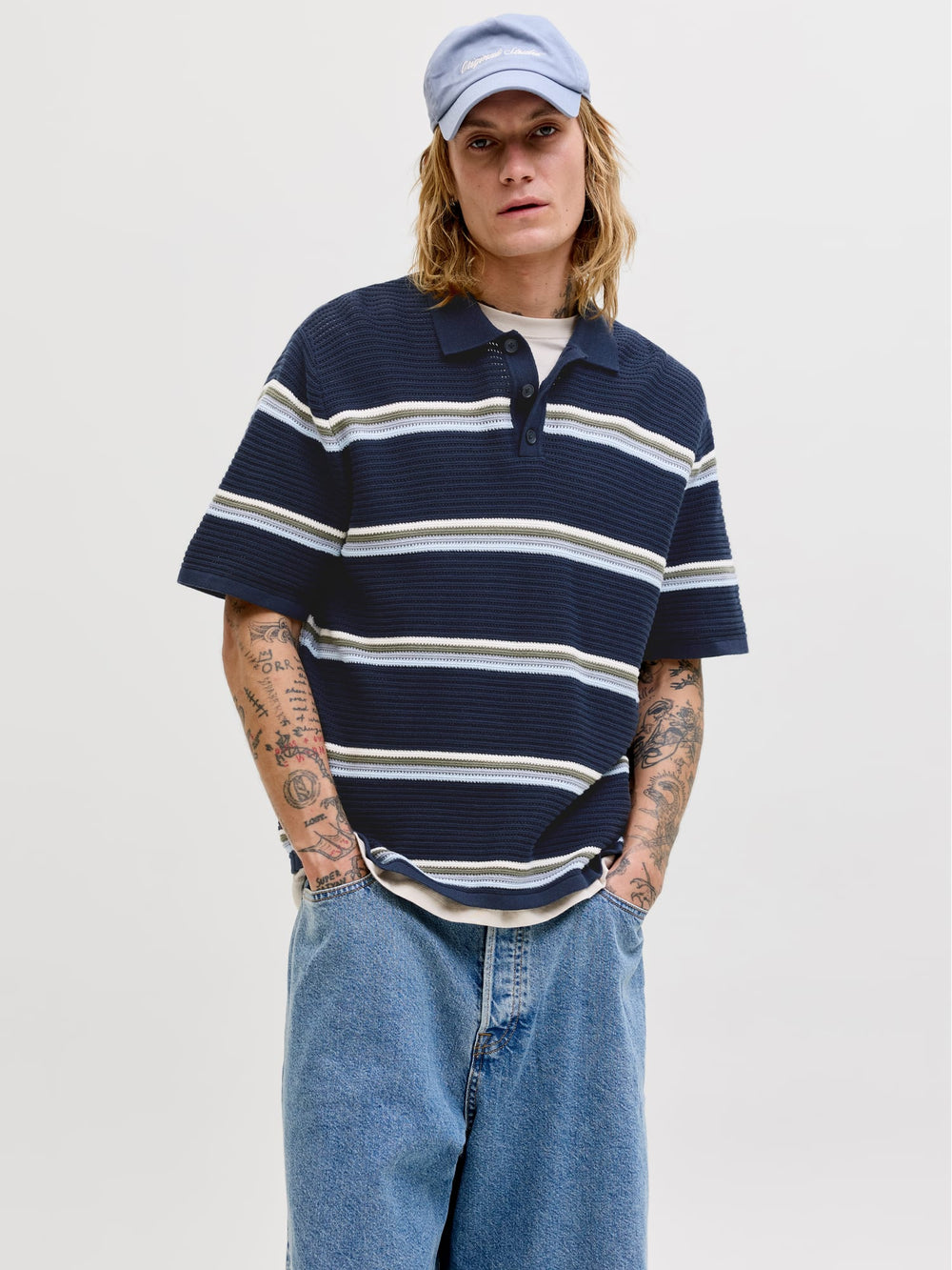 Jack & Jones JORMAINE KNIT STRIPE POLO SN – heren polo - Blauw Dessin