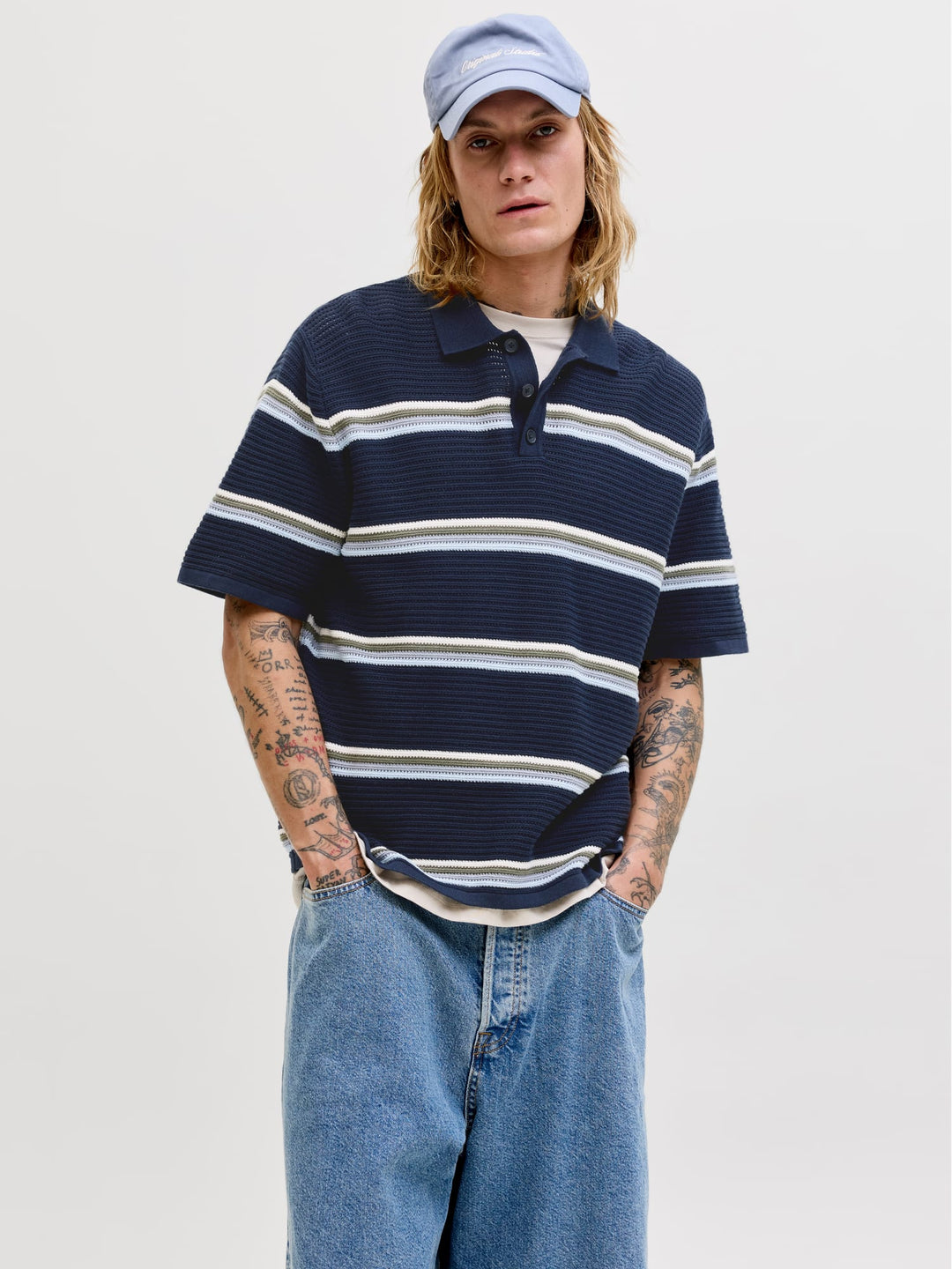 Jack & Jones JORMAINE KNIT STRIPE POLO SN – heren polo - Blauw Dessin