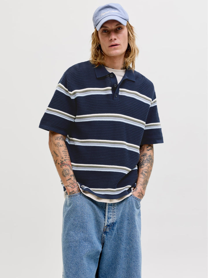 Jack & Jones JORMAINE KNIT STRIPE POLO SN – heren polo - Blauw Dessin