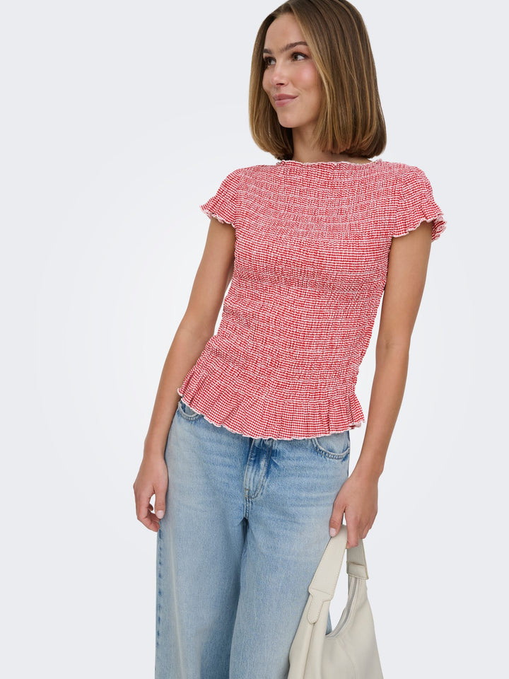 Only ONLCELLE CAP SMOCK BOATNECK TOP – dames top - Rood Dessin