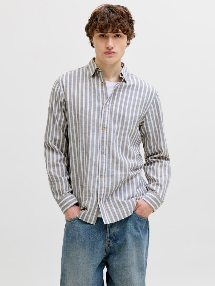Jack & Jones JJESUMMER LINEN BLEND SHIRT L/S SN – heren - Grijs Dessin