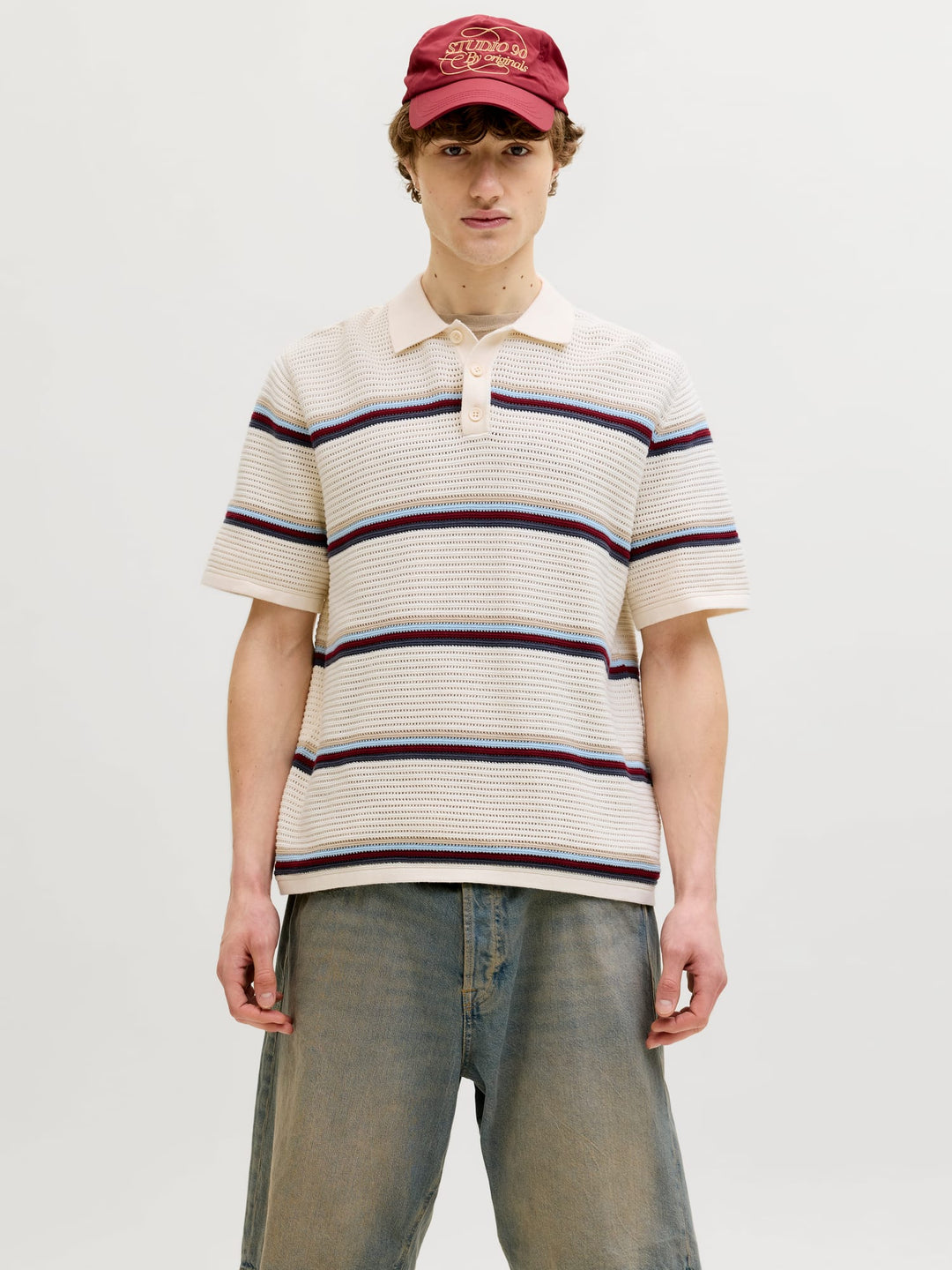 Jack & Jones JORMAINE KNIT STRIPE POLO SN – heren polo - Ecru Dessin