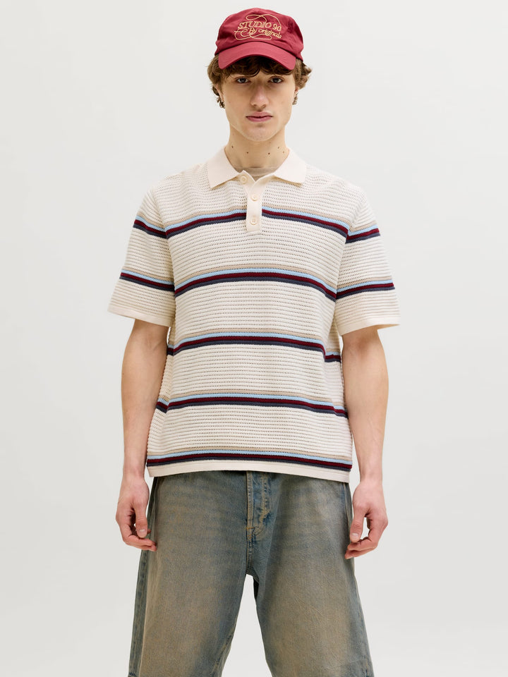 Jack & Jones JORMAINE KNIT STRIPE POLO SN – heren polo - Ecru Dessin