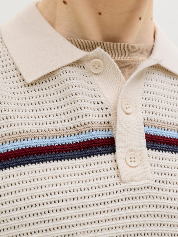 Jack & Jones JORMAINE KNIT STRIPE POLO SN – heren polo - Ecru Dessin