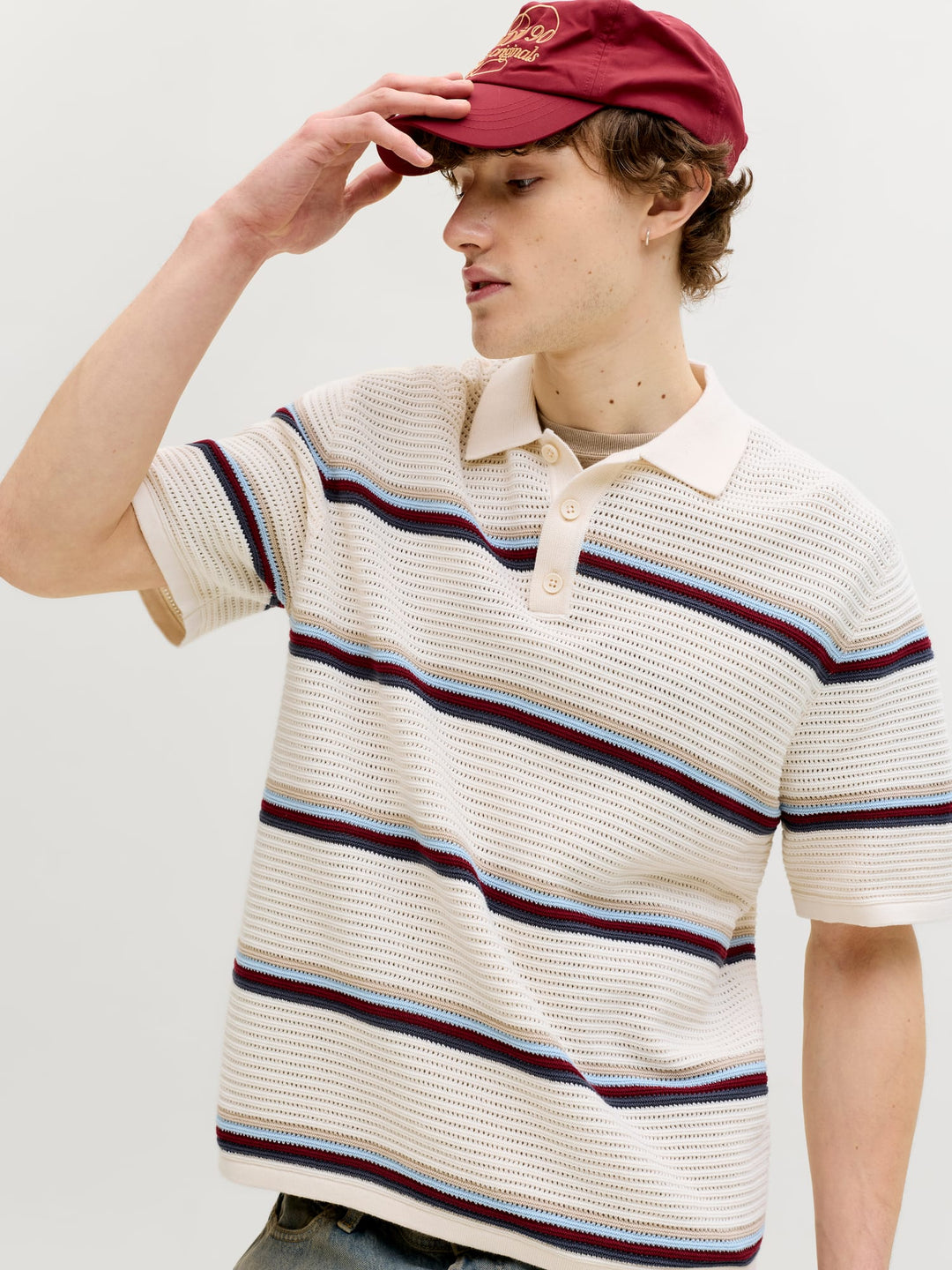 Jack & Jones JORMAINE KNIT STRIPE POLO SN – heren polo - Ecru Dessin