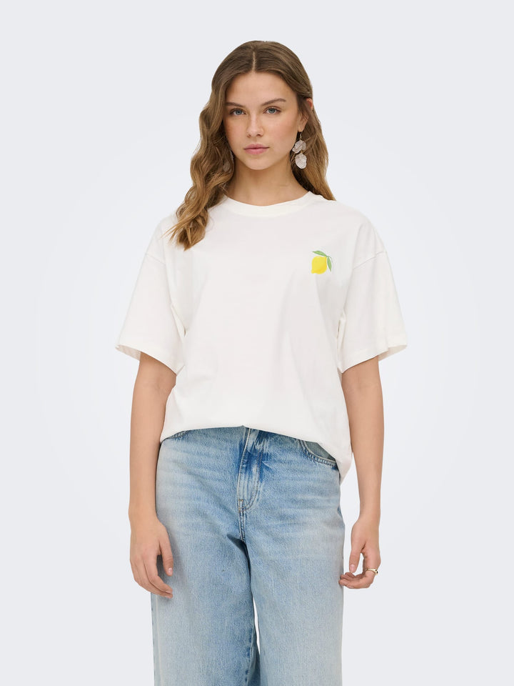 Only ONLELLE S/S Printed Tee CS JRS – dames t-shirt - Wit Dessin