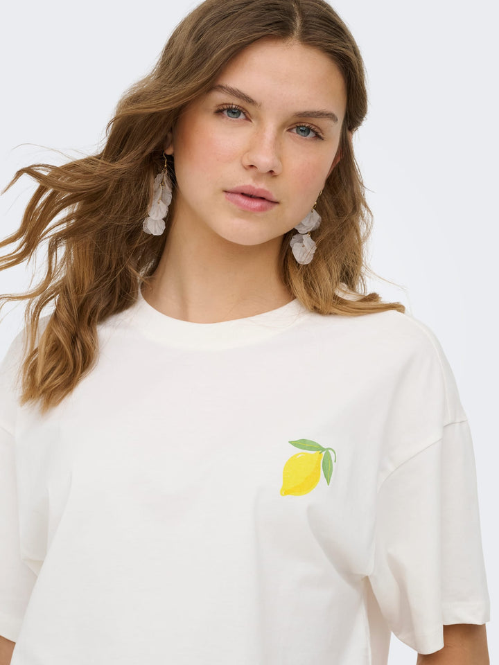 Only ONLELLE S/S Printed Tee CS JRS – dames t-shirt - Wit Dessin