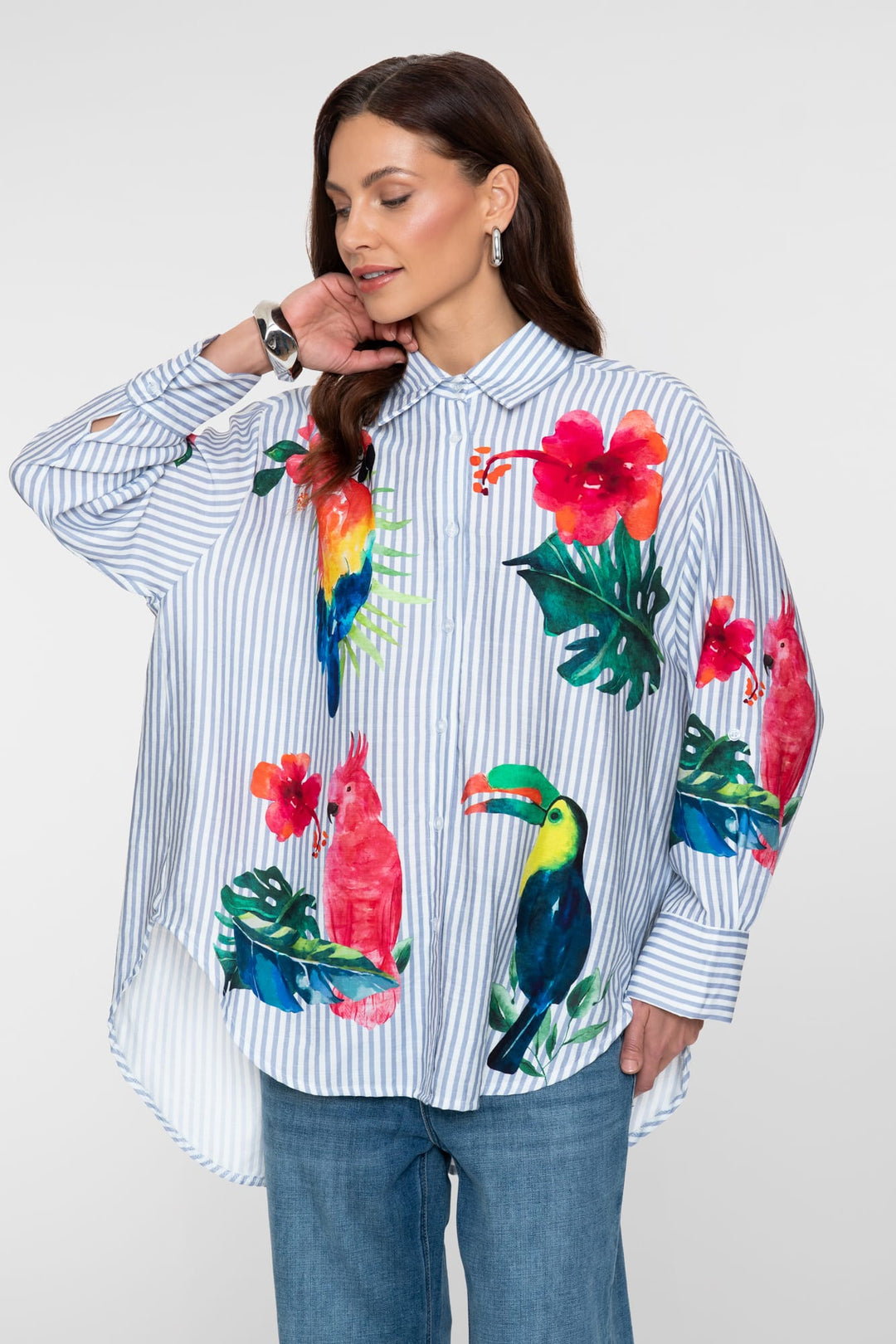 Geisha blouse l/m dames wit dessin – 63162-70