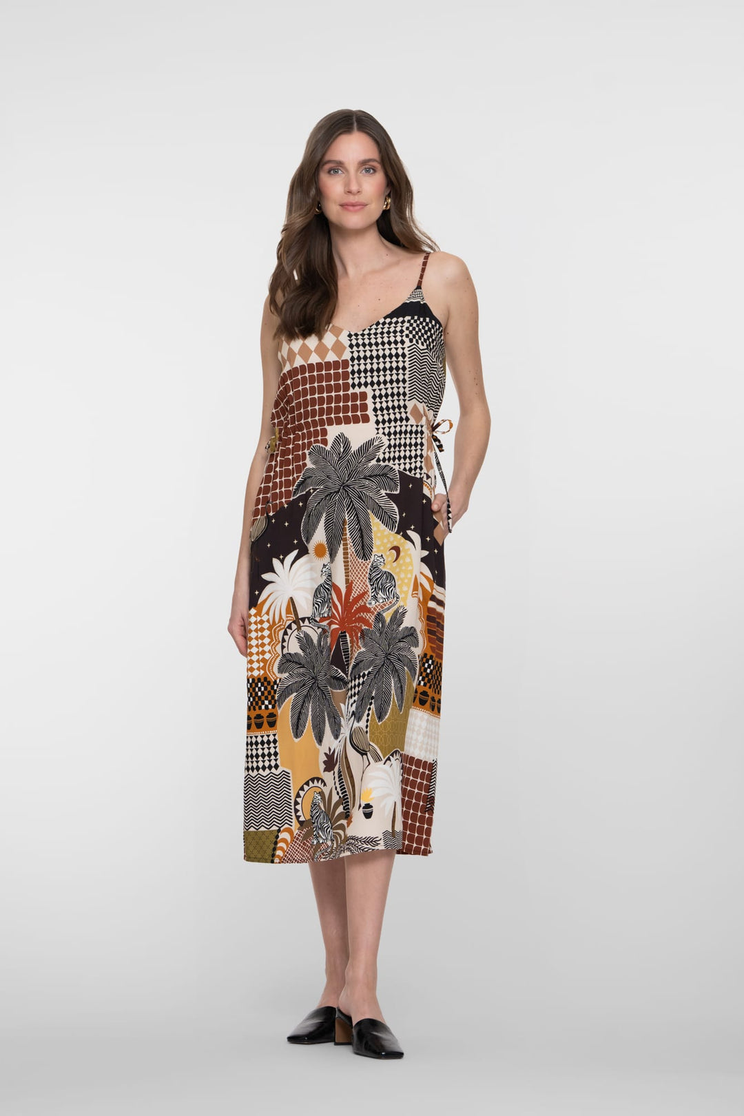 Geisha dames jurk midi bruin dessin – 67407-20