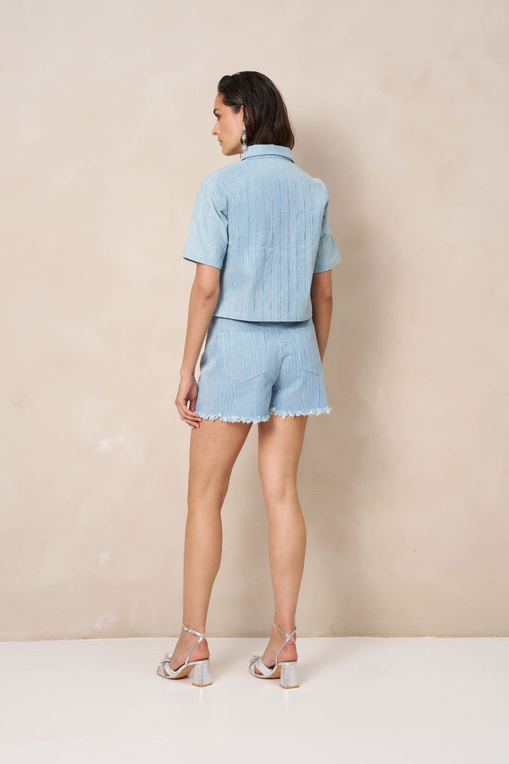 Lofty Manner Blouse Hera – dames blouse k/m denim - Blauw Dessin