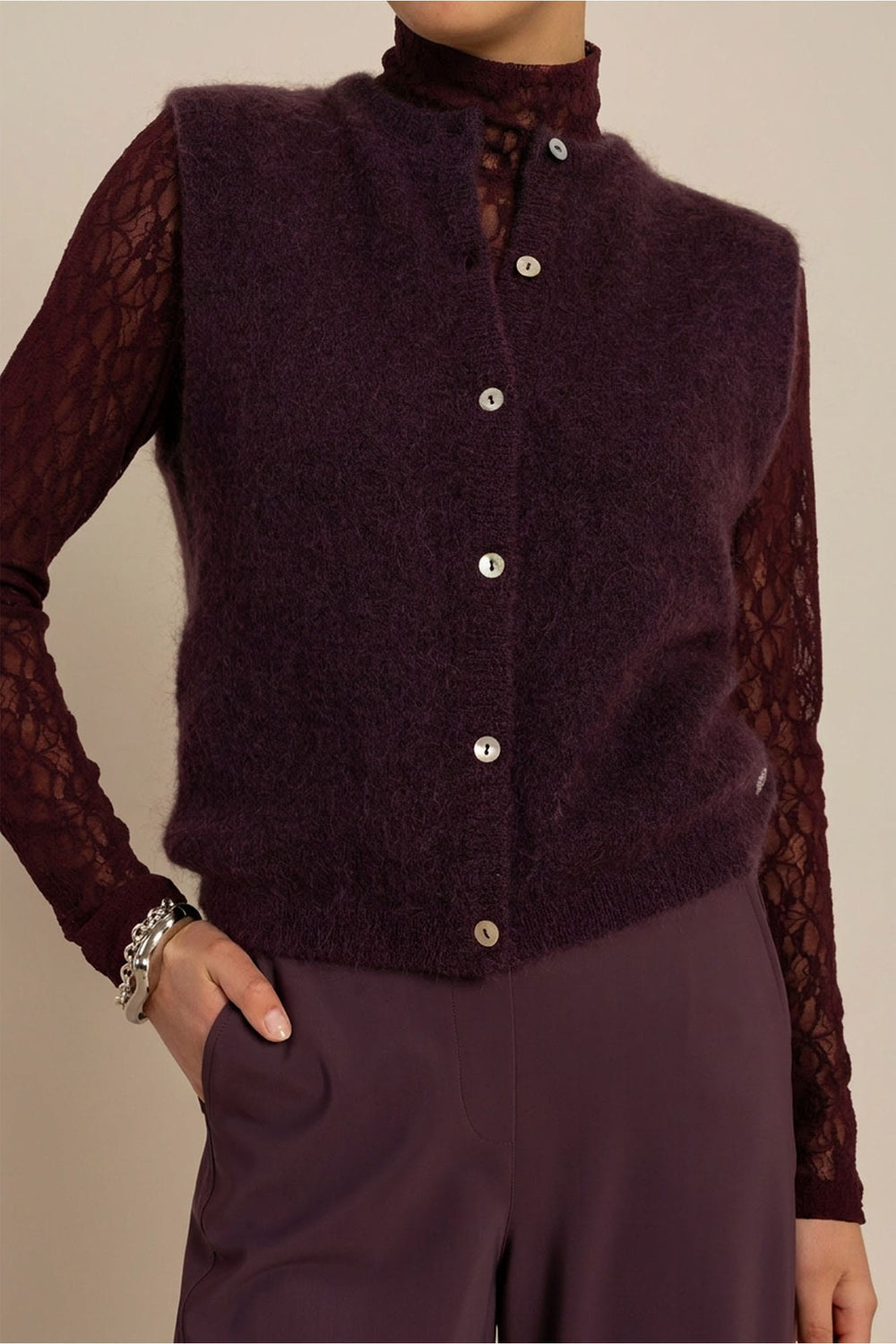 Studio Anneloes 14450 bibi vest gebreid aubergine – dames