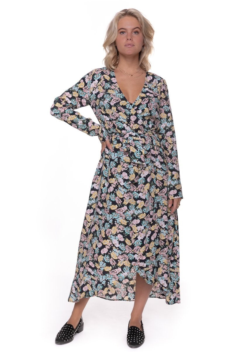 Colourful Rebel 9020 Maya flower mini wrap dre – dames jurk - Zwart Dessin