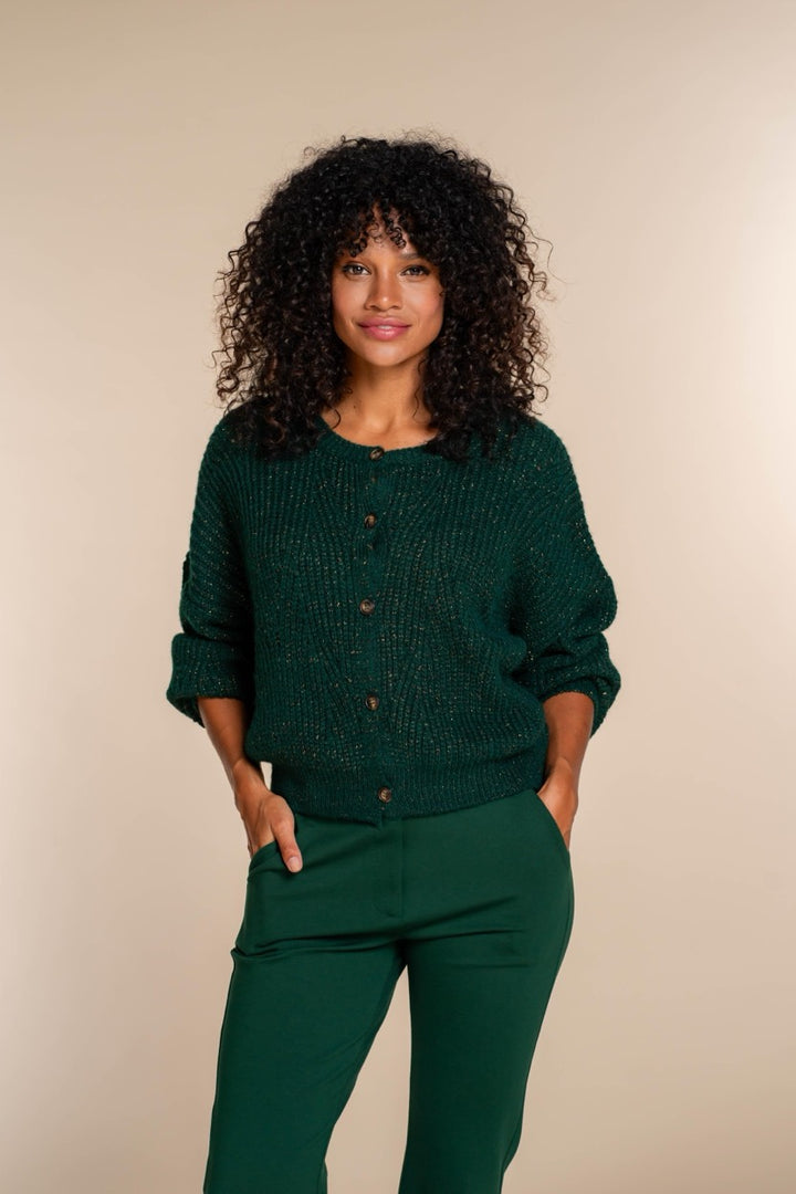 Cardigan Ajour Round Neck Lurex - Groen Dessin