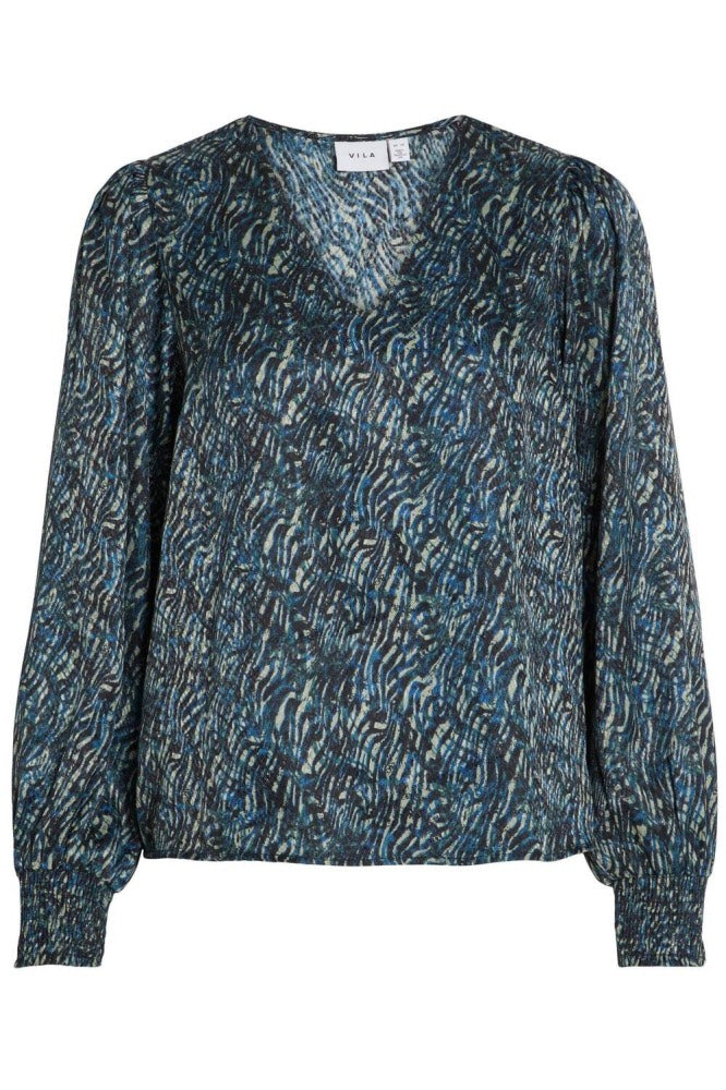 Viphinea Lisa V-neck L/s Short Top - Blauw Dessin