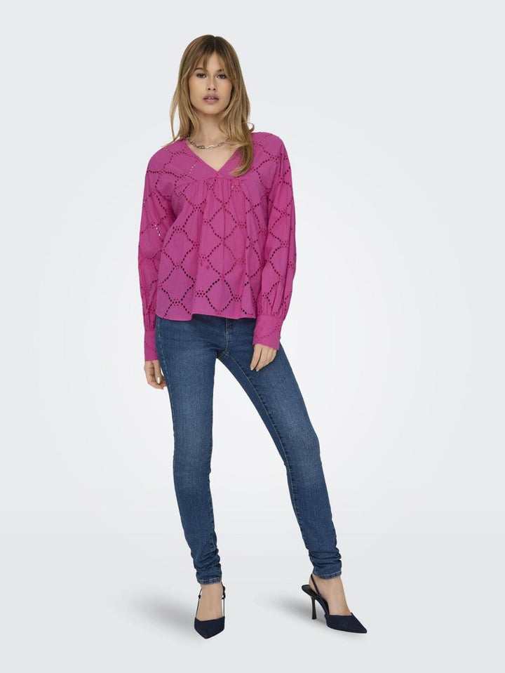 Onldora Gellar Ls V-neck Emb Top Wv - Framboos