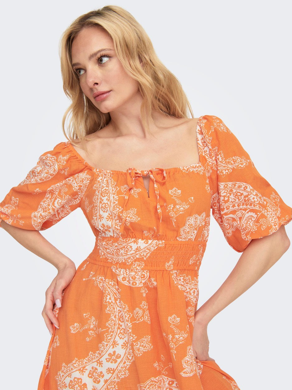 Onlbella Linen 2/4 Dress Ptm - Oranje Dessin