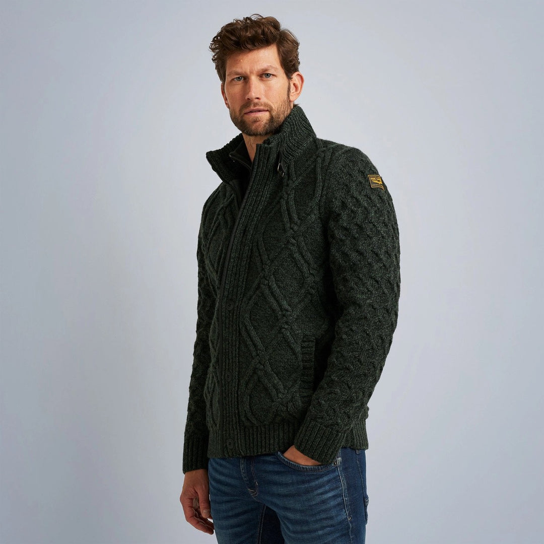 Zip Jacket Heavy Knit Mixed Yarn - Groen Dessin