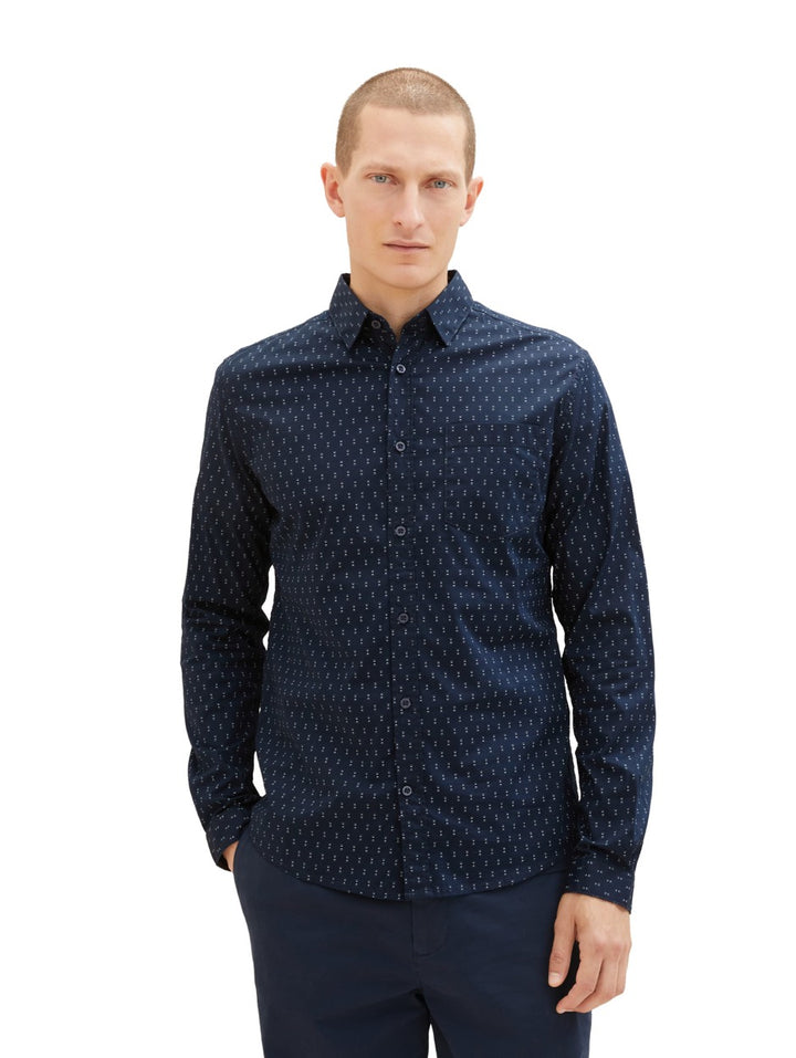 Fitted Printed Strech Shirt - Blauw Dessin